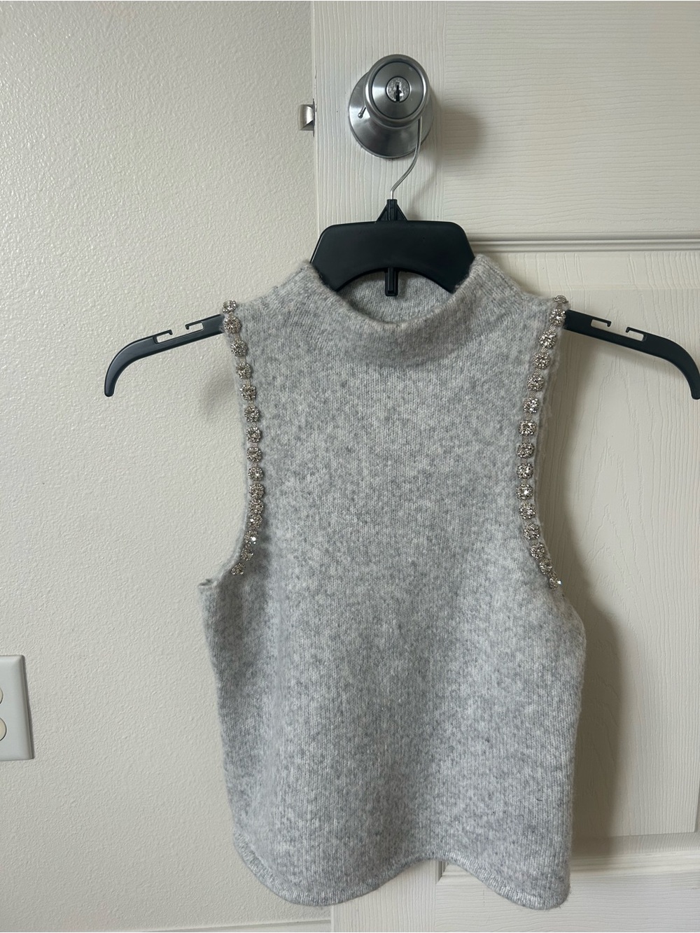 Sleeveless Gray Jewel-Trim Mock Neck Sweater Top